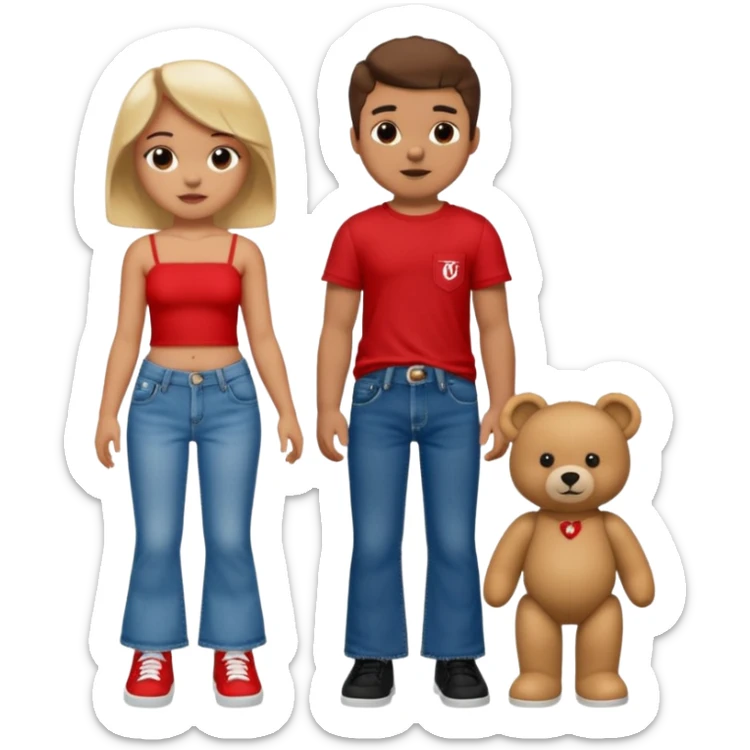 A boy and a girl teddy bear for the boy bear put on true religion shirt and jeans with black shoes and for the girl put flare jeans and a red tube top and white shoes just bears not the humans  sticker