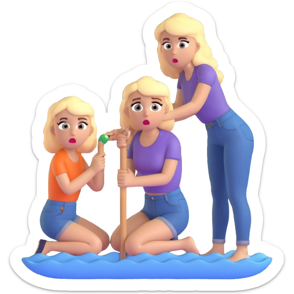 blond woman sitting on her knees with wide eyes, another man in jeans is staying (not sitting) on her left, she's holding a wide skin-colored stick with a D-shaped knob, the stick and the nob have skin texture, water squirting from the knob into her mouth, shocked face sticker