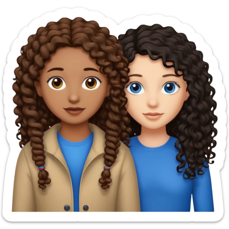Two best friends .bestie 1: beige skin with brown long hair and blue eye. Bestie 2:mixed race skin with curly black hair and brown eye sticker
