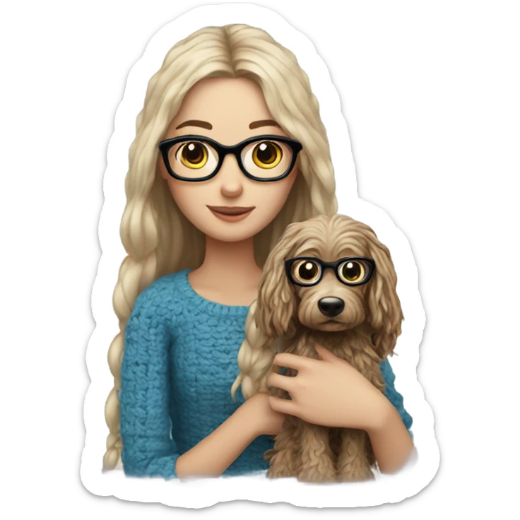 Long hair girl with blue eyes and glasses with a little crochet dog in her arms  sticker