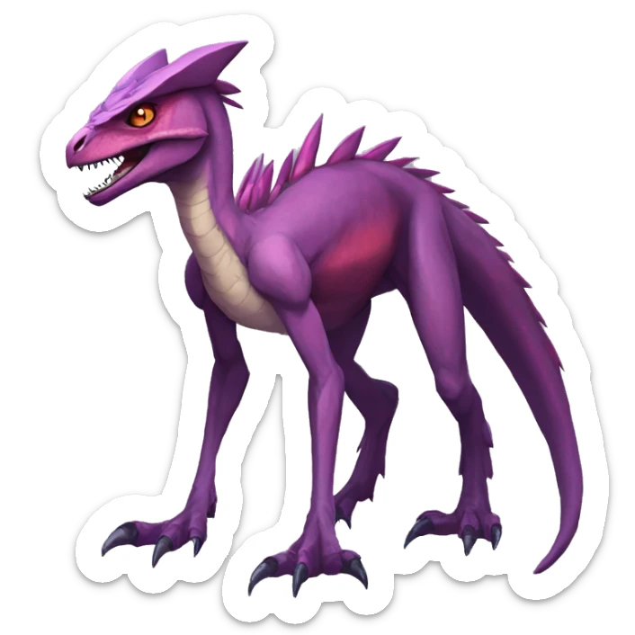 Anthro Mauve-maroon-red-violet-colored edgy anthro-genesect-velociraptor-scalie-sona-Fakémon-hybrid with a mane on head and back and horns full body sticker