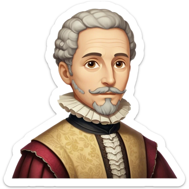 Cinematic Realistic Miguel de Cervantes Portrait Emoji, depicted as a wise thoughtful literary figure in period attire with a reflective gaze, rendered with detailed textures and soft historical lighting that captures his enduring literary legacy. sticker