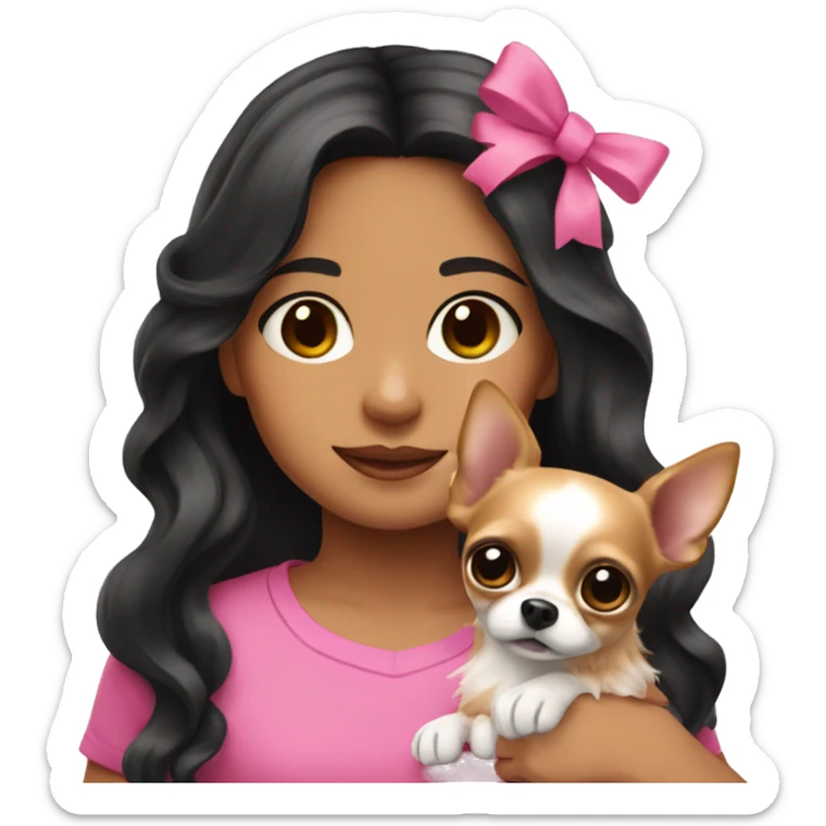Hispanic girl with long black wavy hair wearing a pink shirt holding a chihuahua wearing a pink bow sticker