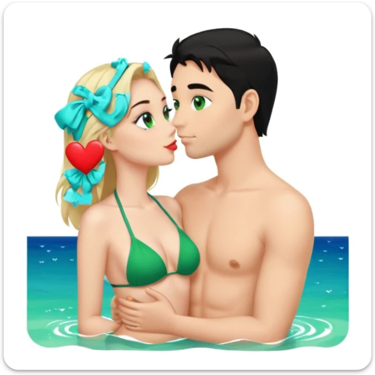 Blonde girl Green eyes Green Bikini whole body Kissing man black Hair blue eyes Hearts in Body Background sea sticker