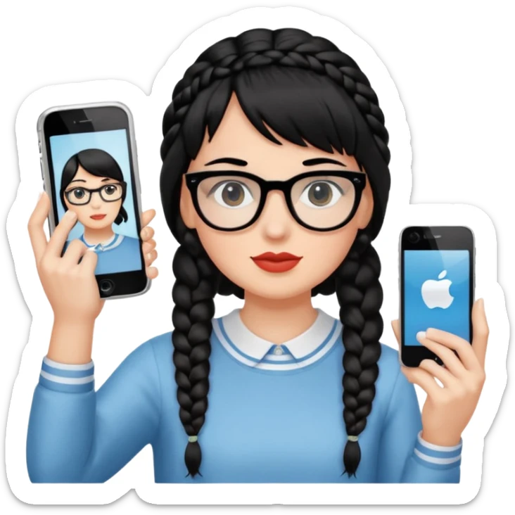 Black hair braided to one side, bangs, horn-rimmed glasses, and taking mirror selfies with iPhone white. Holding a phone to show the iPhone logo sticker