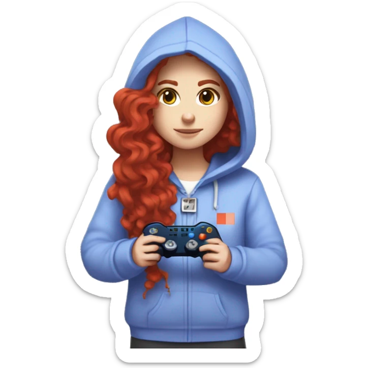 a white girl with long red curly hair, wearing periwinkle Minecraft hoodie holding a controller sticker