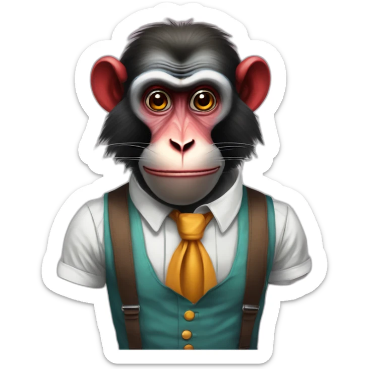 Funny Portrait of a Mandrill with a human look wears a shirt and Suspenders in the shirt papillon like a clown sticker