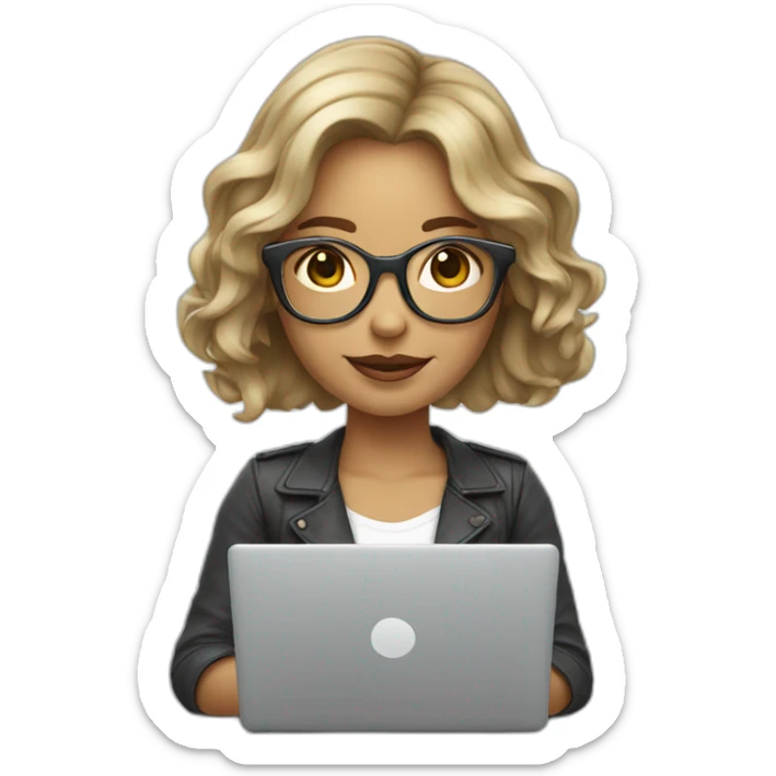 dark blonde girl with bob wavy hair in glasses silver color glasses holding laptop sticker