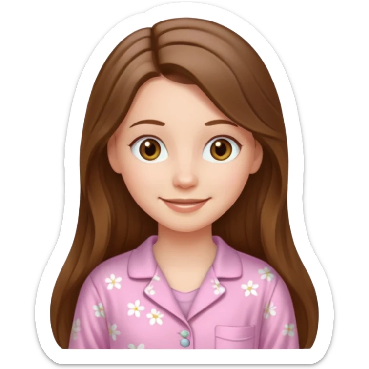 smiling white long brunette hair girl with hazel eyes and in light pink pajamas sticker