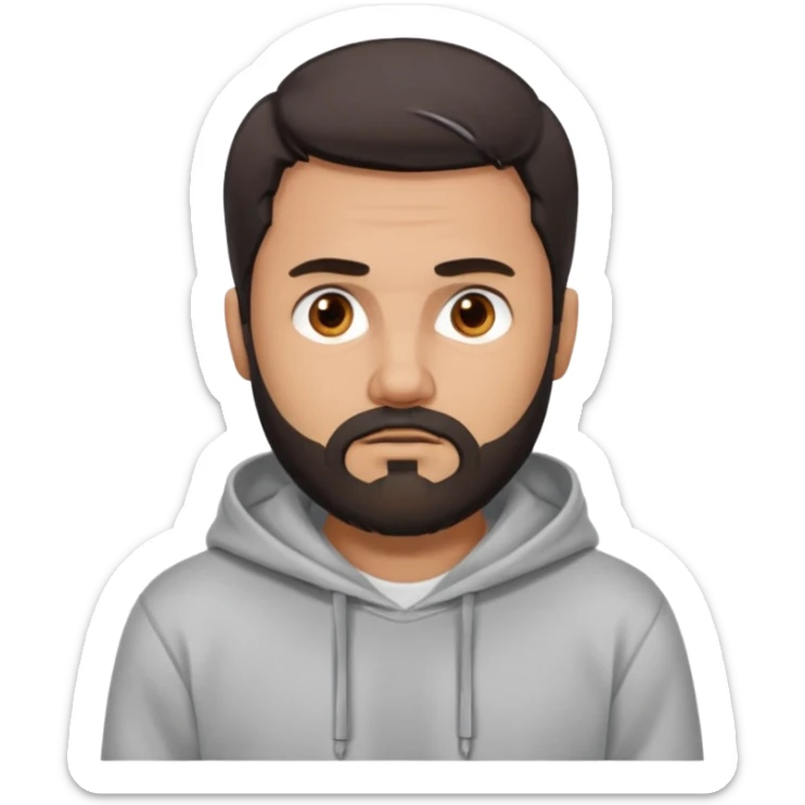 Uomo adulto con la barba capello moro occhi marroni metà busto e vestito con una felpa grigia e maglietta bianca espressione cattiva sticker