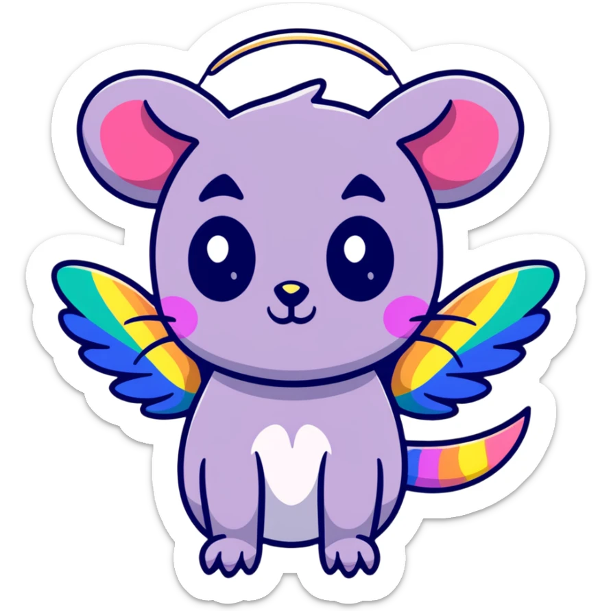 colorful possum with rainbow wings, sparkly halo, lots of glitter sticker