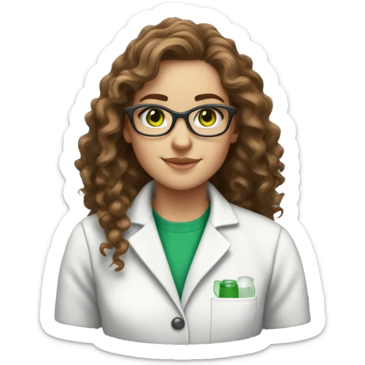 white girl with long brown curly hair and green eyes with glasses in a lab coat sticker