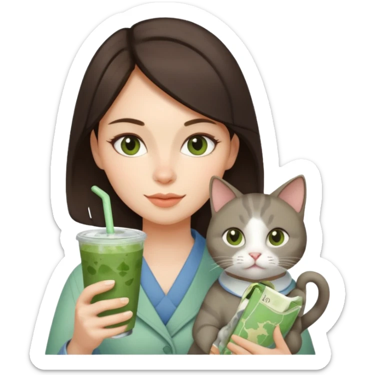 a brunette woman in here 30S drinking an iced matcha, carrying a grey cat and a map of the world sticker