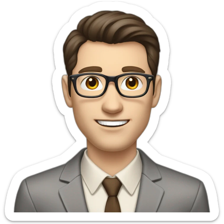 Pale skinned fit man with dark brown hair in gray jacket, beige office shirt, brown tie, brown pants and vintage glasses Writing text on a marker board sticker