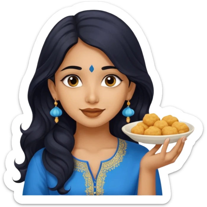 a pretty tan indian bratz girl with wavy long BLACK hair. eyeliner on, wearing a blue kurti, eating golgappa. NO SPOON sticker