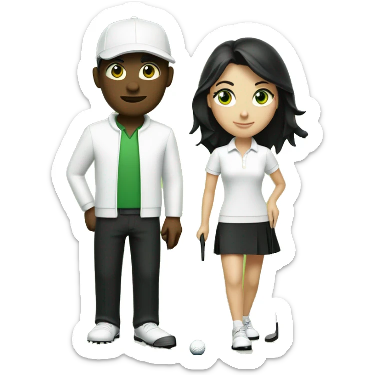 Blond men green eye wearing white golf outfit and black hair brown eye woman wearing black golf outfit playing golf. sticker