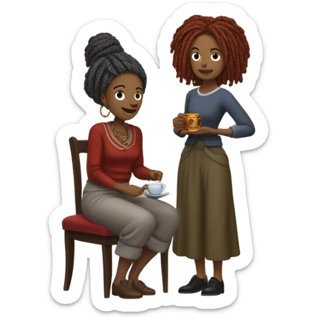 woman with gray locs, wearing pants , other woman is brown with red locs, in a knee-length dress with a cozy sweater, looking at antique items, such as a vintage lamp or an old teacup, with a table full of trinkets in the background sticker