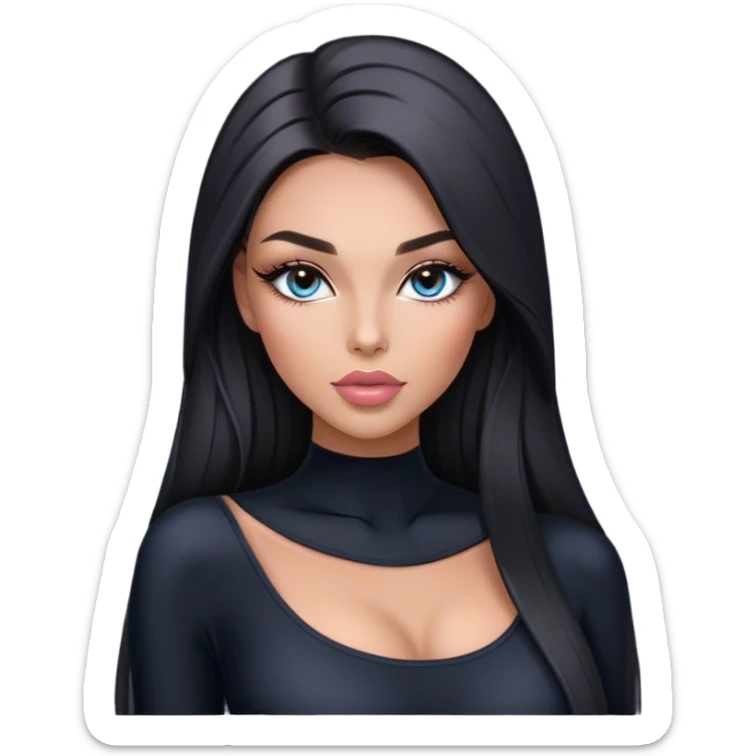 Glamours, tanned, very beautiful girl, with big pump peach-beige-rose lips, long long lashes, black straight smooth silky long hair, straight parting hair, blue-grey eyes in black long-sleeves bodysuit sticker