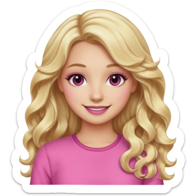 blonde girl, long wavy hair, pink clothes, trendy heavy makeup, smiling sticker