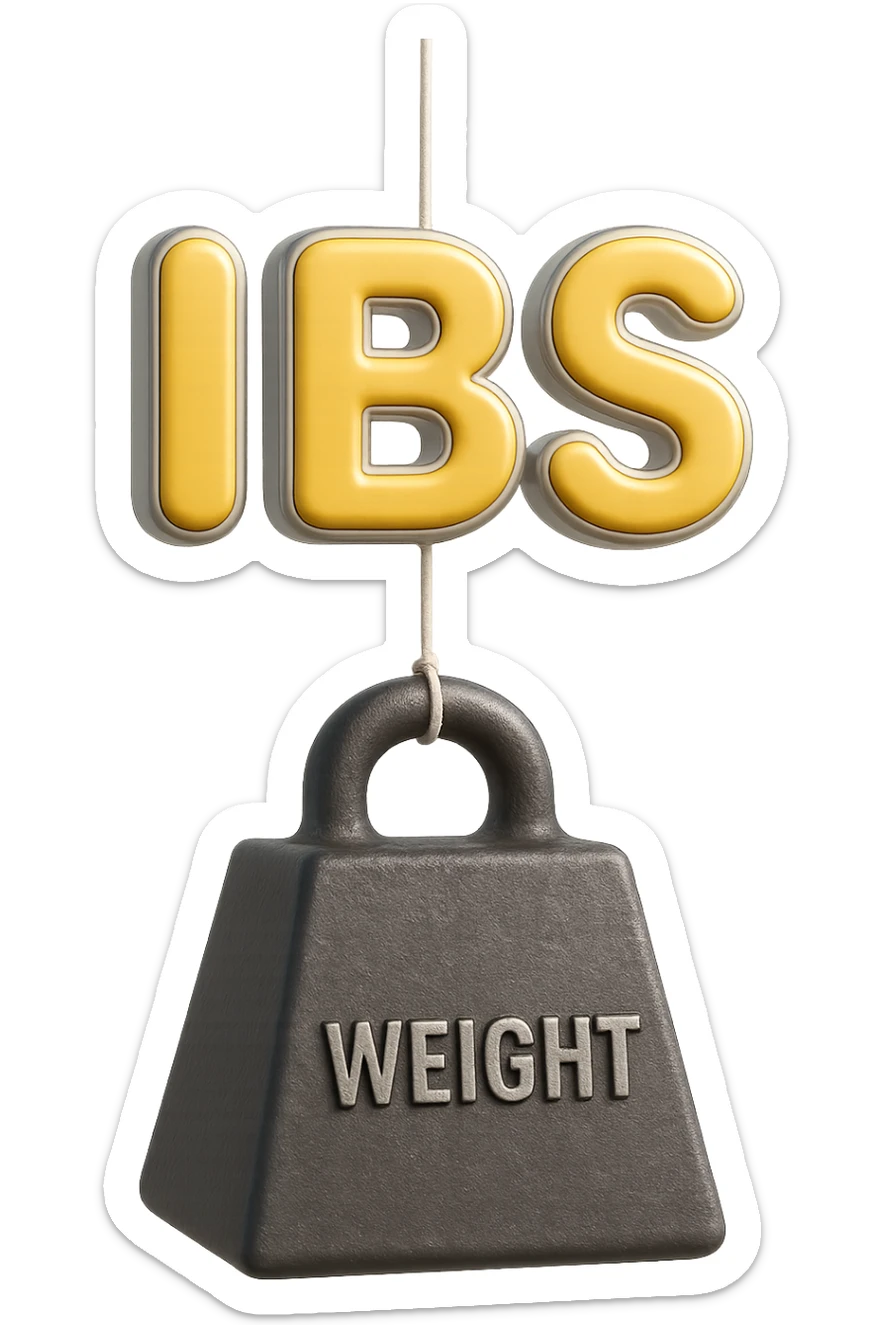 emoji stile iphone della parola "IBS" sospesa in aria con zavorra attaccata sotto che la fa cadere per il peso, iperrealistico 4k sticker