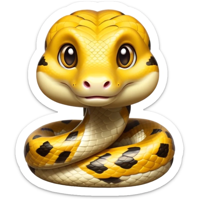 cinematic-cute-anaconda-portrait-emoji,-head-tilted-playfully-and-inquisitively,-with-a-sleek,-shimmering-body-adorned-with-detailed-scale-sriped patterns-and-round,-sparkling-eyes-full-of-wonder,-simplified-yet-irresistibly-adorable-features sticker