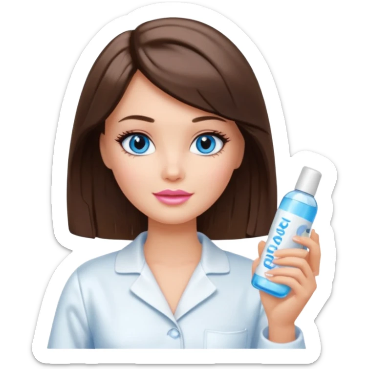 Barbie girl with makeup, blue eyes , and bob long haircut, short brown hair in white pajamas, face gel in hand sticker