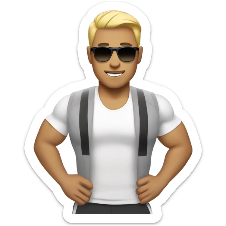 strong asian personal trainer short golden hair with sunglasses white vest sticker