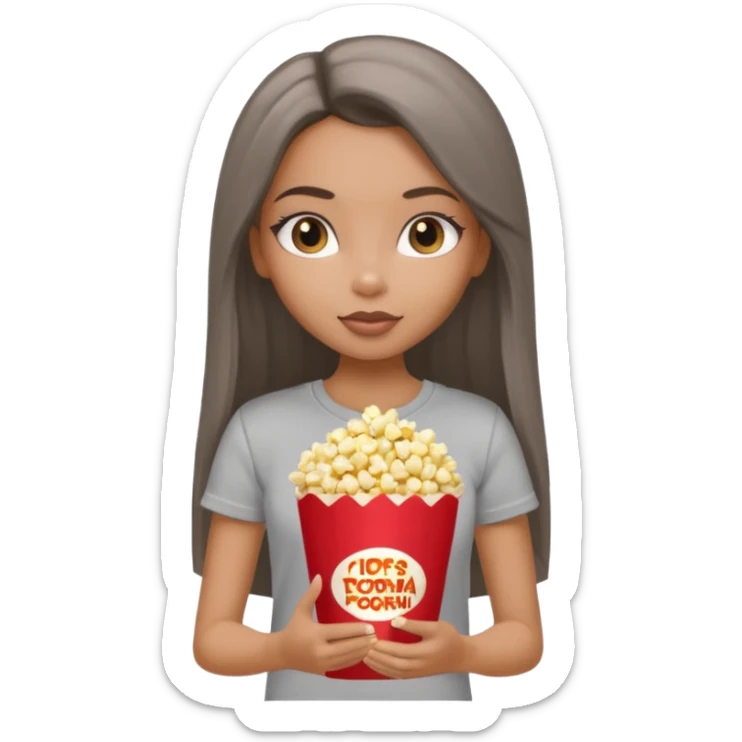 a pretty bratz dusky girl with long straight hair with popcorn nd wearing a grey tshirt sticker