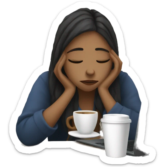 tired french girl with laptop drinking a lot of coffee sticker