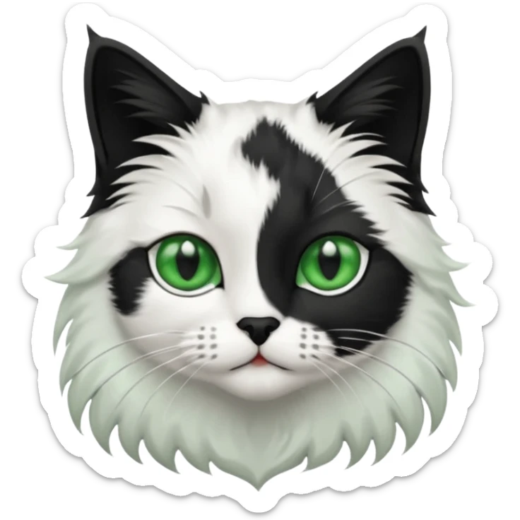 black and white long hair cat. green eyes. black nose. black splotch in the shape of a star near nose (on the right side). white chest. sticker