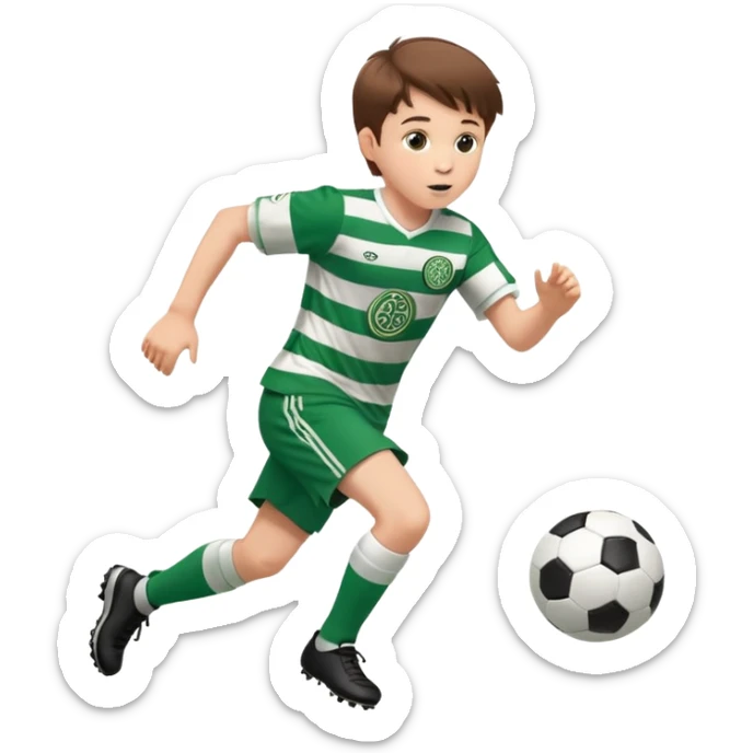 Celtic footballer jersey logo  6 years old brown hair white boy , stripes uniform , RUNNING  with soccer ball # 17 celtic football logo PUT ONLY ONE LOGO sticker