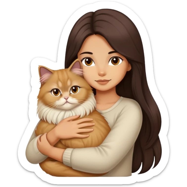 A pretty girl with long dark hair is hugging her light hair persian cat. sticker
