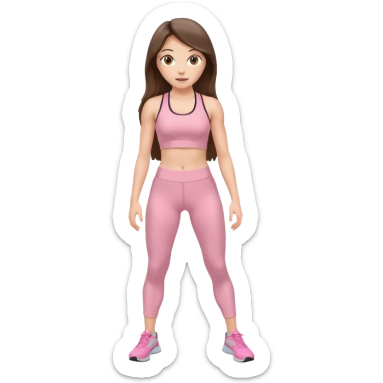 white brunette girl long hair with hazel eyes in light pink workout with abs clothes standing  sticker