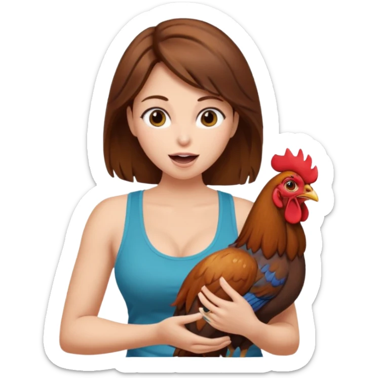 Brown hair very large boob Woman open mouth tank top holding one rooster sticker