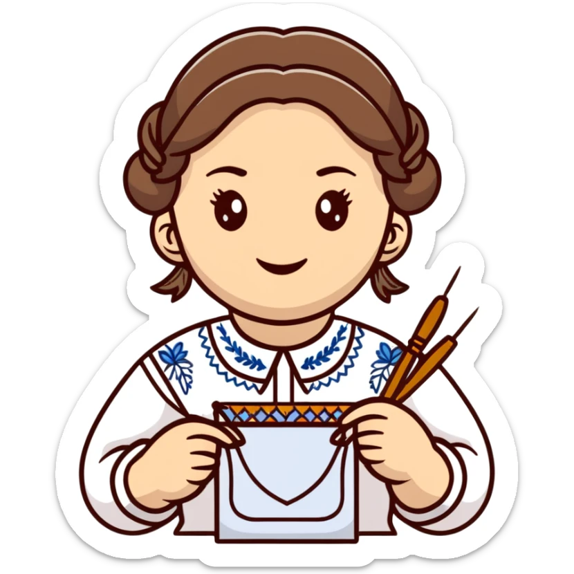 Ukrainian young girl wearing a white traditional embroidered shirt (vyshyvanka) smiling and holding sewing tools sticker