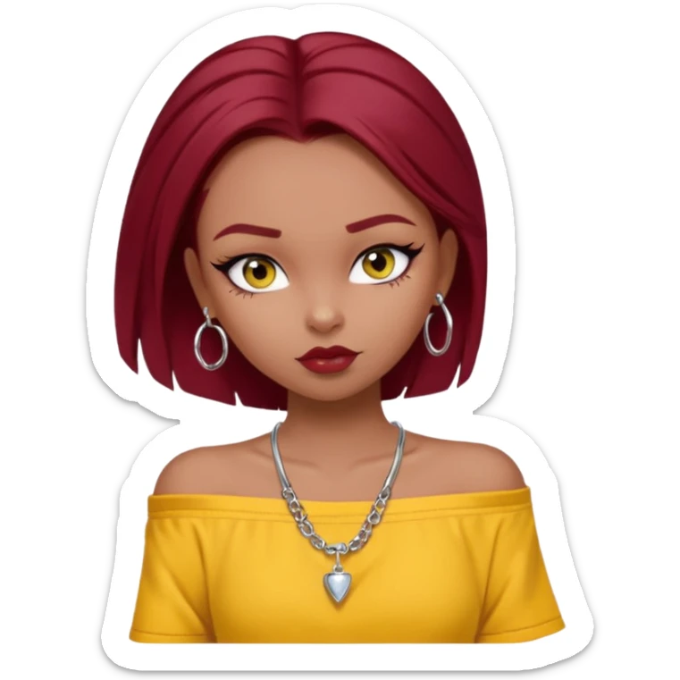 generate a pretty bratz girl in , dark brown eyes. Dark red hair straight long. wearing a yellow oversized tee falling off her shoulder, dainty silver necklace, silver hoops, septum piercings. big eyeliner sticker