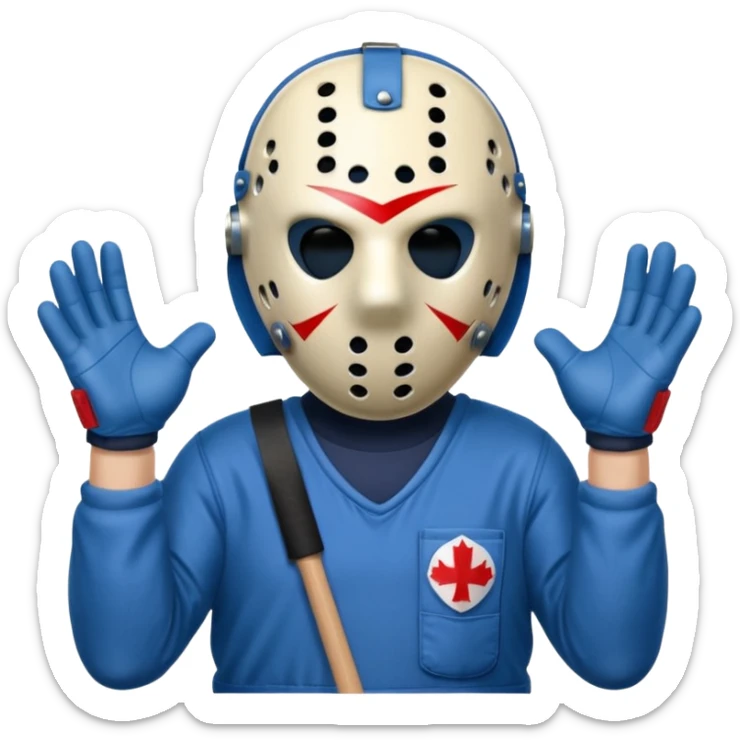 a cartoon image of Jason Voorhees, looking cute, with his hands together in front of him sticker