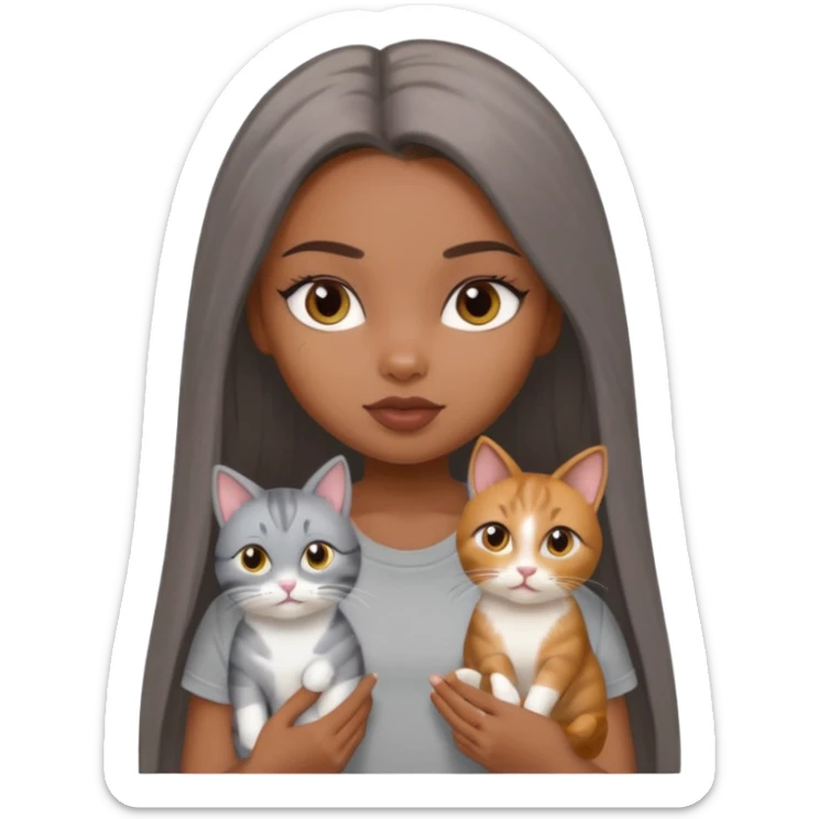 a pretty bratz dusky girl with long straight hair with 2 cats nd wearing a grey tshirt sticker