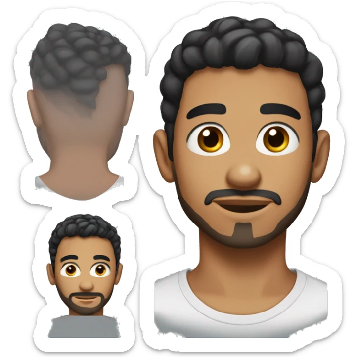 A head and shoulders shot of a 20 year old North African man, with short black hair, with beard facial hair,   with brown eyes wearing a t-shirt. sticker