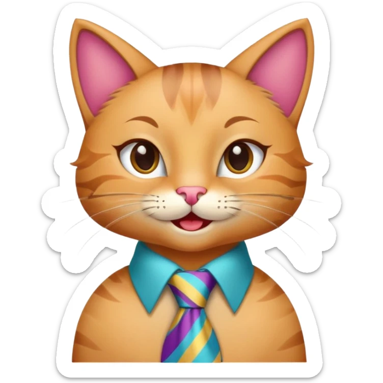 happy girl cat with eyelashes wearing a colorful necktie, cheerful expression sticker