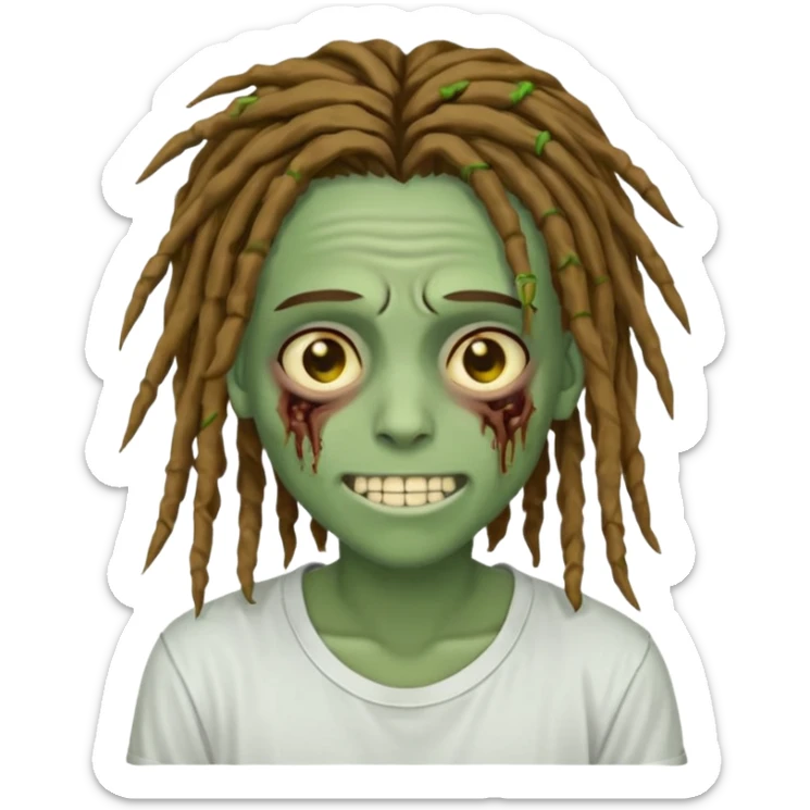 zombie teen with brown dreads covering forehead white tee golden eyes light green skin  and white smile sticker