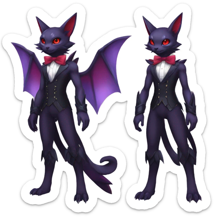 cool anthro kawaii black purple red ethereal fantasy beautiful elegant nargacuga-Noivern-cat-Fakemon collar harness bow tie and bracers full body sticker