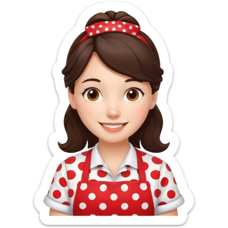 A brunette housewife girl in a red apron with white polka dots. Smiling  sticker