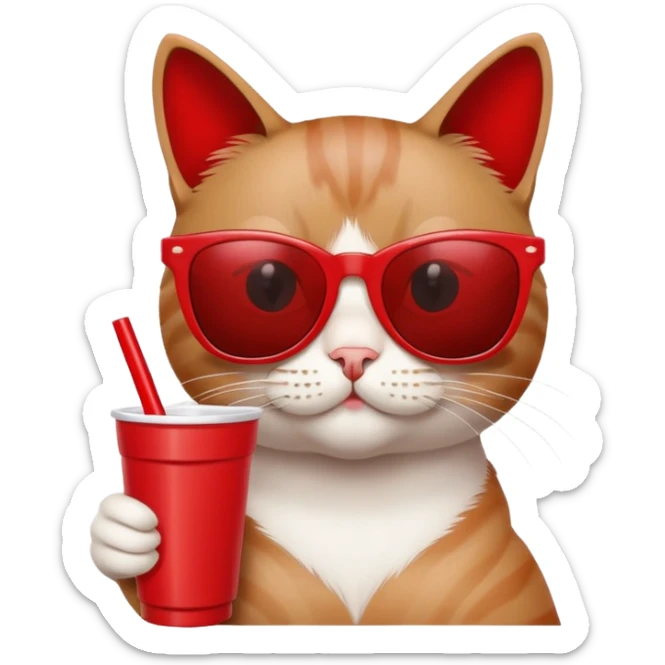 cat wearing sunglasses, holding a red solo cup, looking like it's at a college party sticker