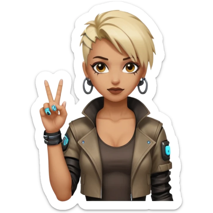 Woman with her tongue out in cyberpunk clothing and giving the middle finger. Looking naughty. sticker