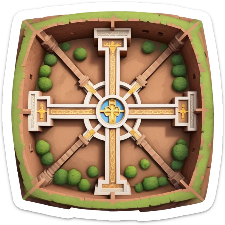 top-down cross view of the Church of Saint George in Lalibela, Ethiopia, iOS emoji style, emphasize cross-shaped roof, stone texture, simple colorful clear features sticker