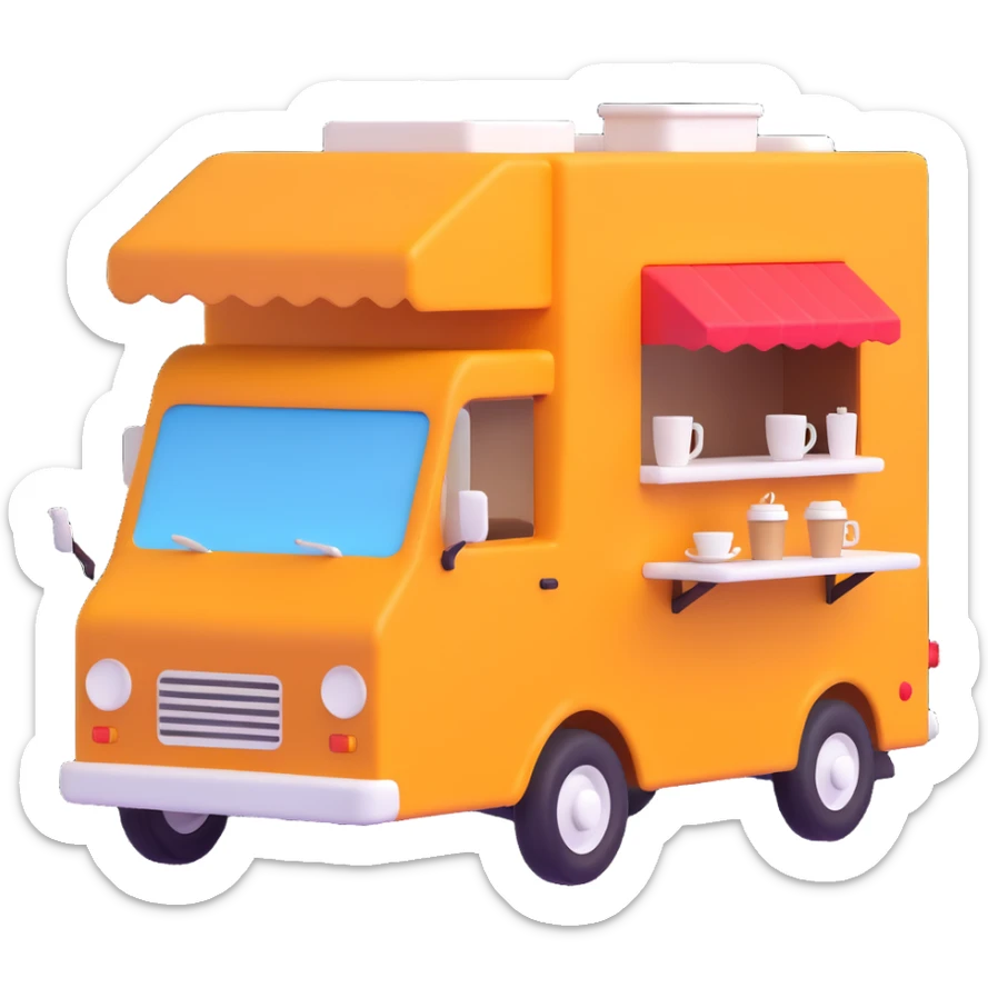 Turn this orange coffee truck into a simplified, cute 3D emoji style with soft lighting and no background. sticker