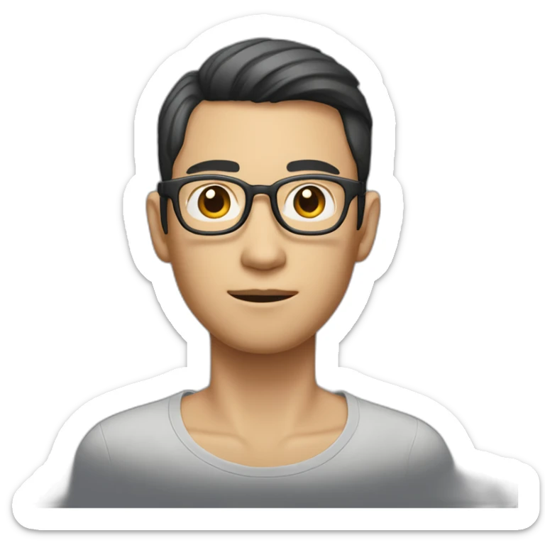 An Asian man with big eyes, fair complexion, metal-framed glasses, short hair and a slight stubble. sticker