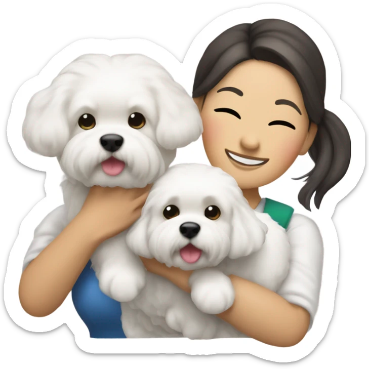 Hair-in-a-bun traveling Asian woman carrying a happy and cute bichon frise sticker
