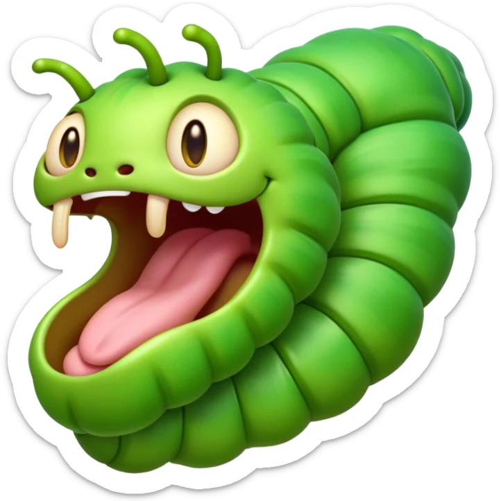 Cinematic Realistic Cute Yawning Caterpillar Portrait Emoji, Head tilted slightly with a dramatic, wide-open yawn, showcasing a soft, downy segmented body in vivid green with subtle drooping and half-closed, drowsy eyes, rendered with intricate natural texture and gentle shadows, high shine, relaxed yet expressive, styled with a dash of woodland charm, soft glowing outline, capturing the essence of a sleepy yet affectionate caterpillar that appears ready to stretch out and rest among the leaves! sticker